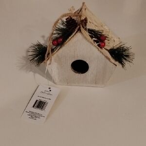 Holiday Wooden Birdhouse PBS Ornament Greenery and Red Accents OMNI HORTICULTURE